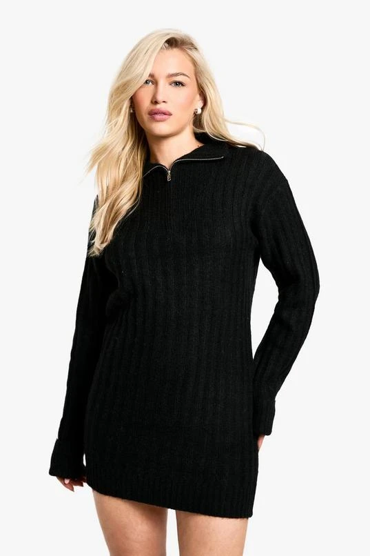 BOOHOO Soft Knit Rib Zip Neck Oversized Mini Dress 1 BOOHOO Soft Knit Rib Zip Neck Oversized Mini Dress