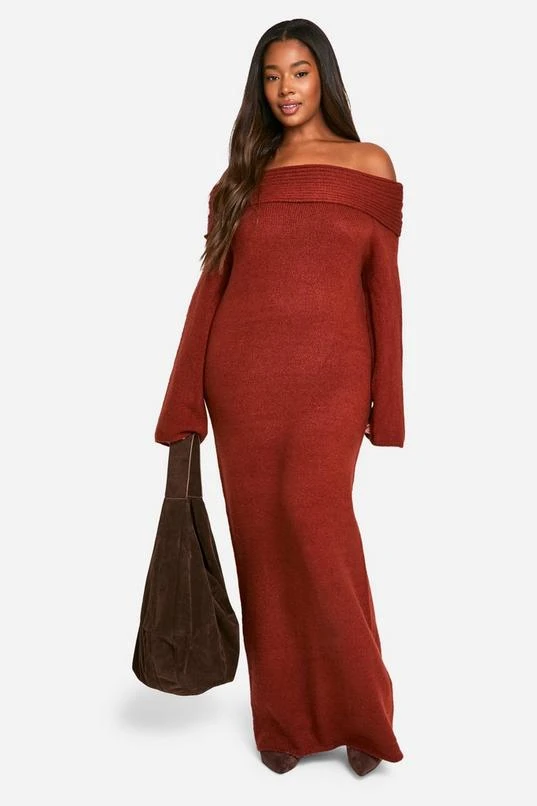 BOOHOO Plus Premium Oversized Rib Off The Shoulder Neckline Soft Knit Sweater Dress 1 BOOHOO Plus Premium Oversized Rib Off The Shoulder Neckline Soft Knit Sweater Dress