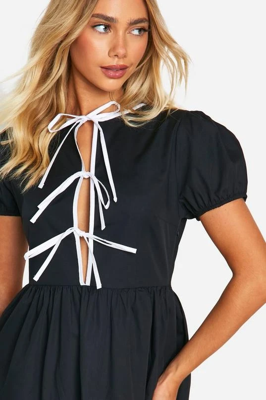 BOOHOO Contrast Bow Front Mini Smock Dress 4 BOOHOO Contrast Bow Front Mini Smock Dress - Image 4
