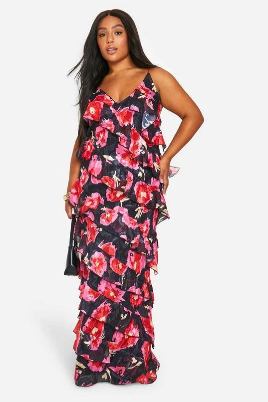 BOOHOO Plus Floral Printed Ruffle Strap Maxi Dress 1 BOOHOO Plus Floral Printed Ruffle Strap Maxi Dress