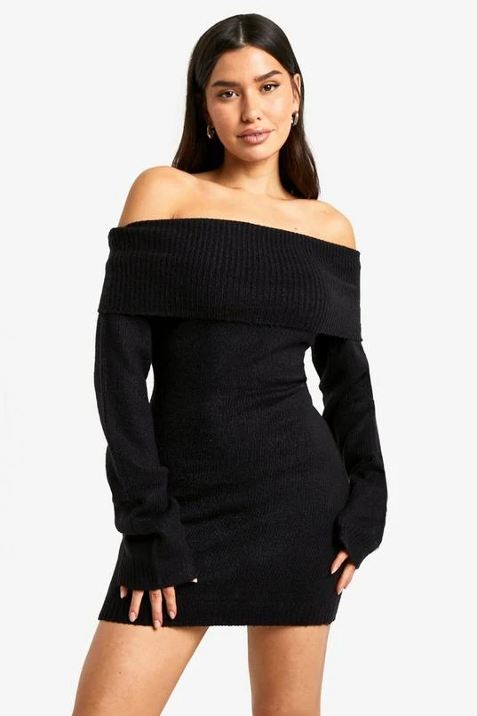 BOOHOO Tall Rib Bardot Neckline Mini Jumper Dress 1 BOOHOO Tall Rib Bardot Neckline Mini Jumper Dress