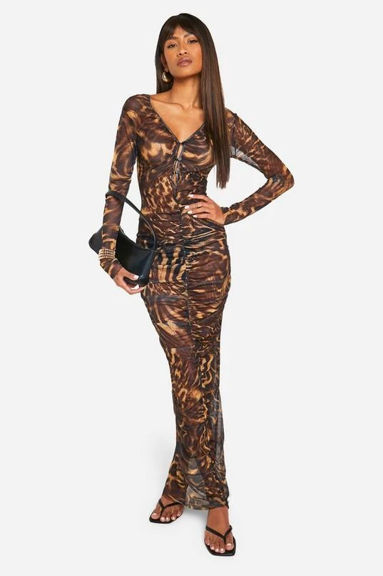 BOOHOO Leoaprd Ruched Button Down Mesh Maxi Dress 3 BOOHOO Leoaprd Ruched Button Down Mesh Maxi Dress - Image 3