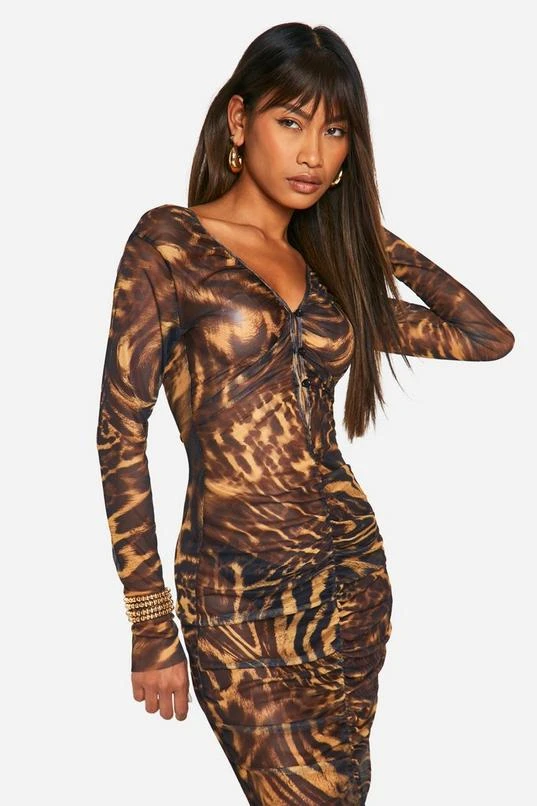 BOOHOO Leoaprd Ruched Button Down Mesh Maxi Dress 4 BOOHOO Leoaprd Ruched Button Down Mesh Maxi Dress - Image 4