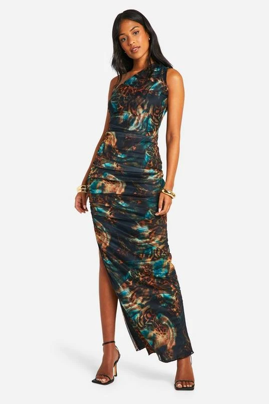 BOOHOO Tall Asymmetric Ruched Animal Print Maxi Dress 1 BOOHOO Tall Asymmetric Ruched Animal Print Maxi Dress