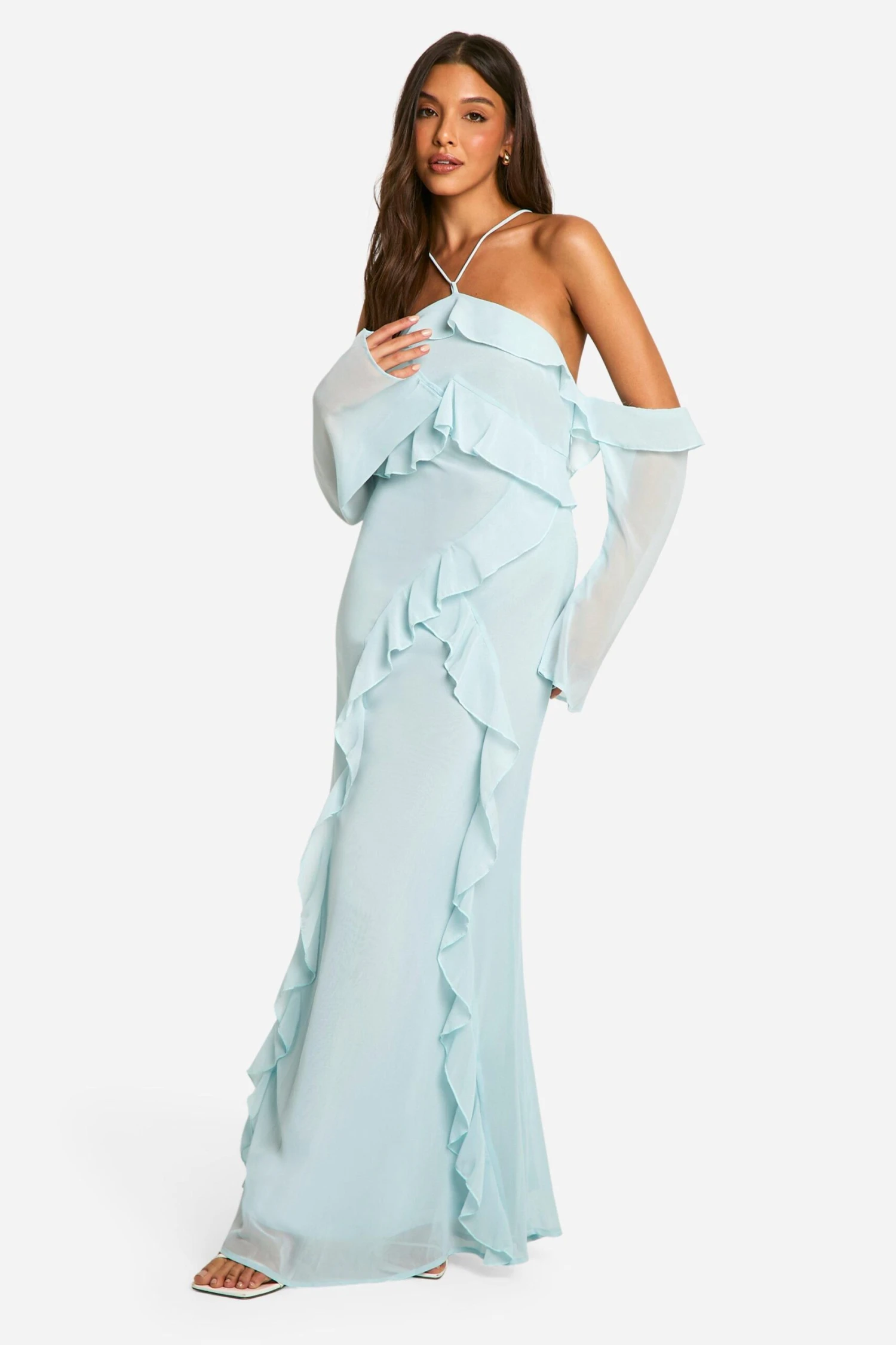 BOOHOO Chiffon Ruffle Bardot Maxi Dress 5 BOOHOO Chiffon Ruffle Bardot Maxi Dress - Image 5