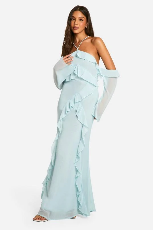 BOOHOO Chiffon Ruffle Bardot Maxi Dress 1 BOOHOO Chiffon Ruffle Bardot Maxi Dress
