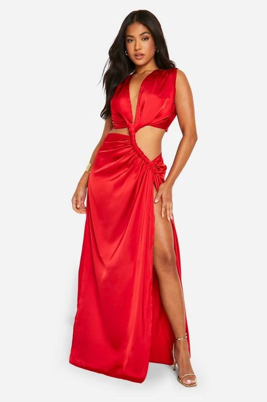 BOOHOO Petite Satin Ruched Detail Plunge Maxi Dress 1 BOOHOO Petite Satin Ruched Detail Plunge Maxi Dress