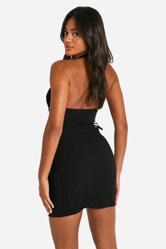 BOOHOO Bengaline Pinstripe V Neck Tie Side Mini Dress 2 BOOHOO Bengaline Pinstripe V Neck Tie Side Mini Dress - Image 2