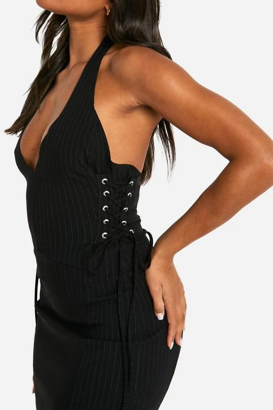 BOOHOO Bengaline Pinstripe V Neck Tie Side Mini Dress 4 BOOHOO Bengaline Pinstripe V Neck Tie Side Mini Dress - Image 4