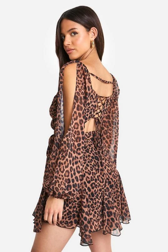 BOOHOO Leopard Chiffon Lace Back Puff Sleeve Wrap Skater Dress 2 BOOHOO Leopard Chiffon Lace Back Puff Sleeve Wrap Skater Dress - Image 2