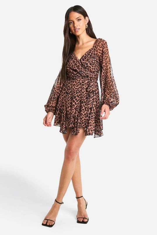 BOOHOO Leopard Chiffon Lace Back Puff Sleeve Wrap Skater Dress 3 BOOHOO Leopard Chiffon Lace Back Puff Sleeve Wrap Skater Dress - Image 3