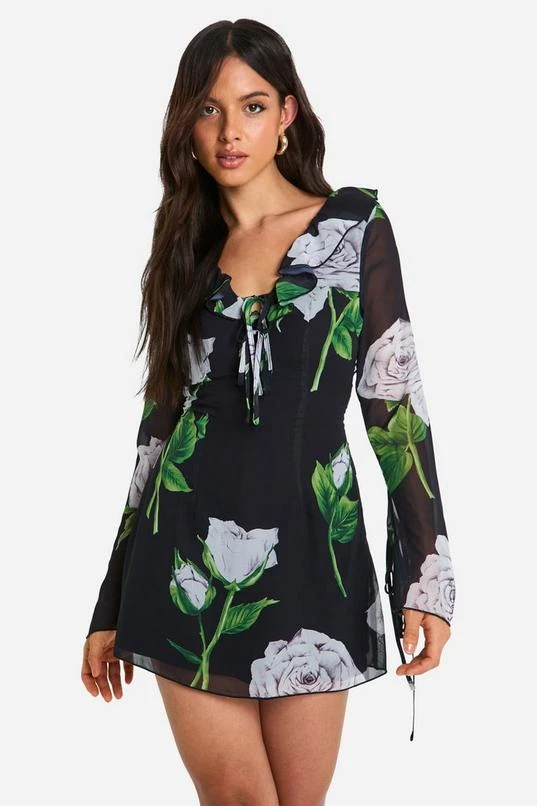 BOOHOO Floral Chiffon Ruffle Shift Dress 1 BOOHOO Floral Chiffon Ruffle Shift Dress