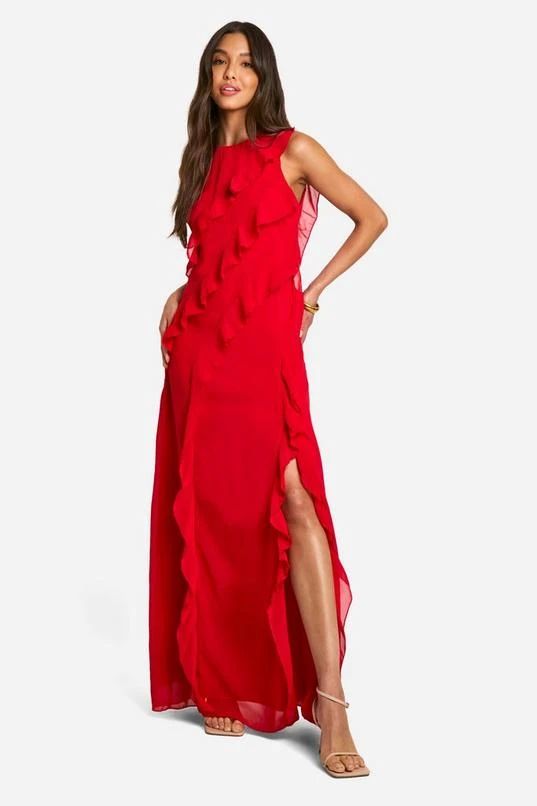BOOHOO Chiffon Ruffle Split Maxi Dress 1 BOOHOO Chiffon Ruffle Split Maxi Dress