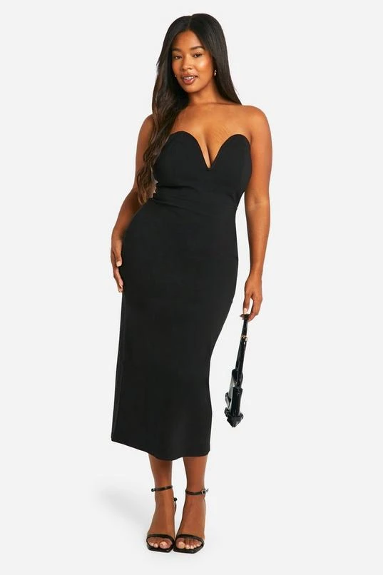 BOOHOO Plus Woven Stretch Deep Plunge Column Midi Dress 1 BOOHOO Plus Woven Stretch Deep Plunge Column Midi Dress