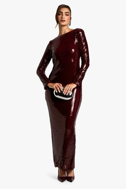BOOHOO Flare Sleeve Tie Back Column Sequin Maxi Dress 3 BOOHOO Flare Sleeve Tie Back Column Sequin Maxi Dress - Image 3