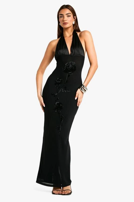 BOOHOO Floral Hand Embellished Halter Mesh Maxi Dress 1 BOOHOO Floral Hand Embellished Halter Mesh Maxi Dress