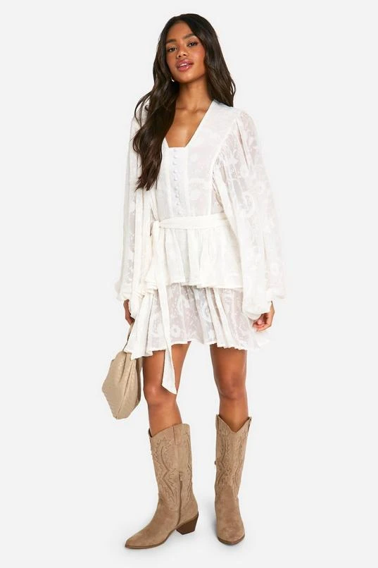 BOOHOO Floral Jacquard Tiered Belted Skater Dress 1 BOOHOO Floral Jacquard Tiered Belted Skater Dress