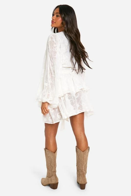 BOOHOO Floral Jacquard Tiered Belted Skater Dress 2 BOOHOO Floral Jacquard Tiered Belted Skater Dress - Image 2