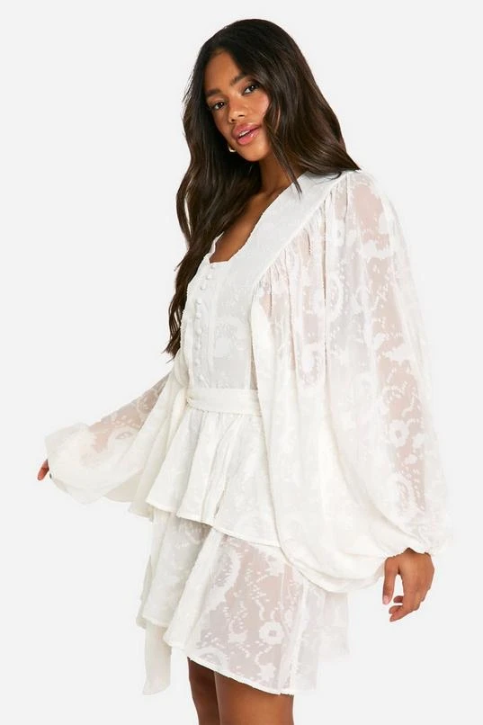 BOOHOO Floral Jacquard Tiered Belted Skater Dress 3 BOOHOO Floral Jacquard Tiered Belted Skater Dress - Image 3