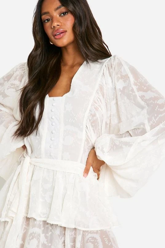 BOOHOO Floral Jacquard Tiered Belted Skater Dress 4 BOOHOO Floral Jacquard Tiered Belted Skater Dress - Image 4