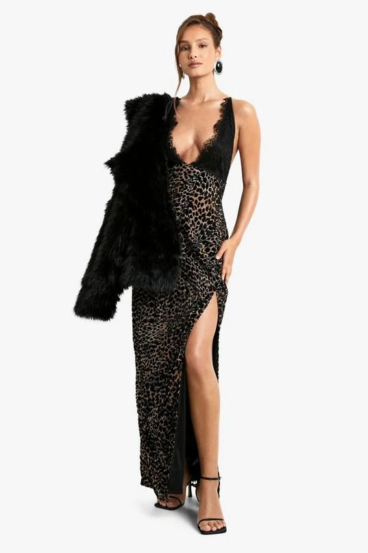 BOOHOO Leopard Devore Lace Trim Maxi Dress