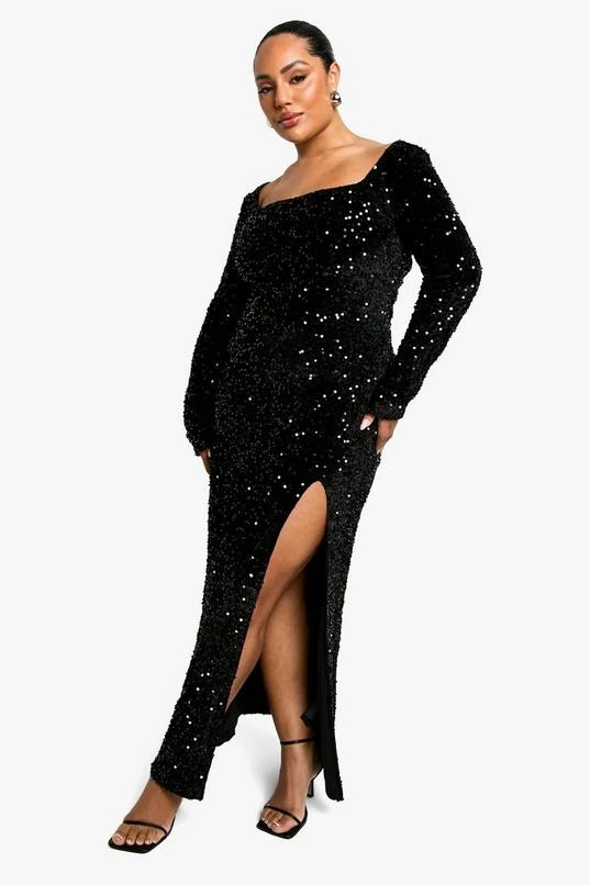 BOOHOO Plus Sequin Velvet Split Maxi Dress 1 BOOHOO Plus Sequin Velvet Split Maxi Dress