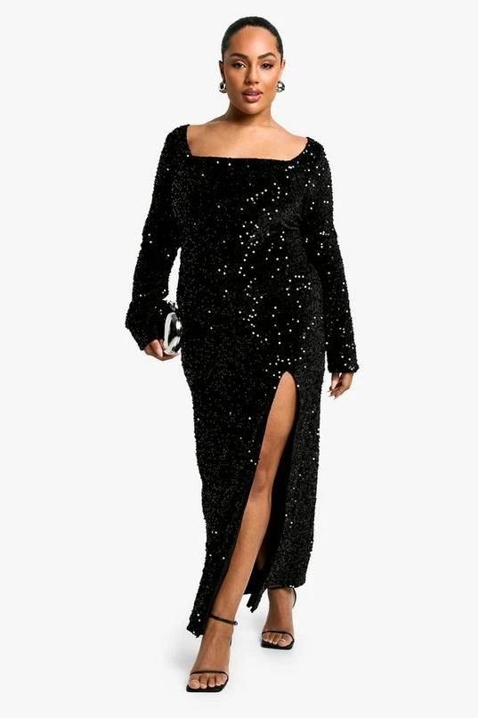 BOOHOO Plus Sequin Velvet Split Maxi Dress 3 BOOHOO Plus Sequin Velvet Split Maxi Dress - Image 3