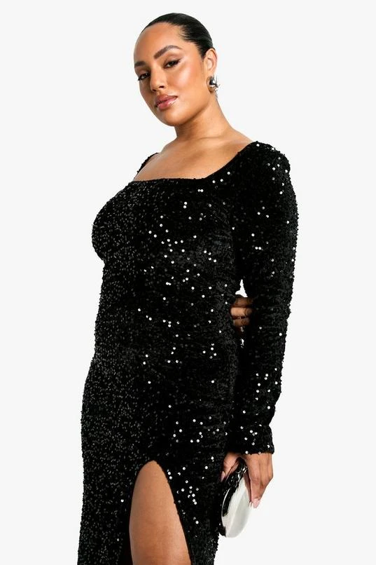 BOOHOO Plus Sequin Velvet Split Maxi Dress 4 BOOHOO Plus Sequin Velvet Split Maxi Dress - Image 4