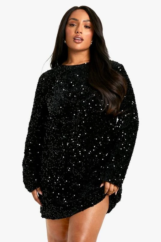 BOOHOO Plus Sequin Velvet Bow Back Shift Dress 1 BOOHOO Plus Sequin Velvet Bow Back Shift Dress