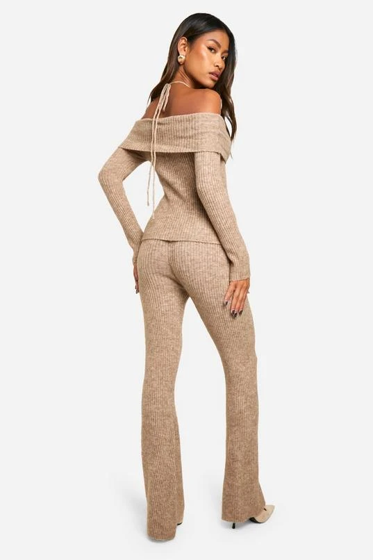 BOOHOO Rib Knit Bardot Split Hem Top & Flare Trouser Co-ord 2 BOOHOO Rib Knit Bardot Split Hem Top & Flare Trouser Co-ord - Image 2