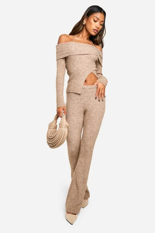 BOOHOO Rib Knit Bardot Split Hem Top & Flare Trouser Co-ord 3 BOOHOO Rib Knit Bardot Split Hem Top & Flare Trouser Co-ord - Image 3