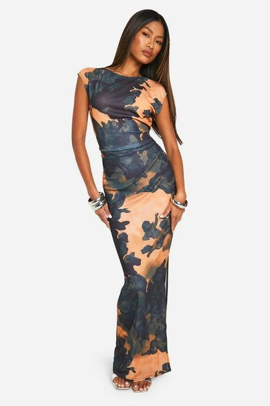 BOOHOO Printed Sheer Boat Neck Cap Sleeve Maxi Dress 1 BOOHOO Printed Sheer Boat Neck Cap Sleeve Maxi Dress