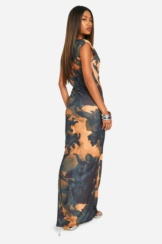 BOOHOO Printed Sheer Boat Neck Cap Sleeve Maxi Dress 2 BOOHOO Printed Sheer Boat Neck Cap Sleeve Maxi Dress - Image 2