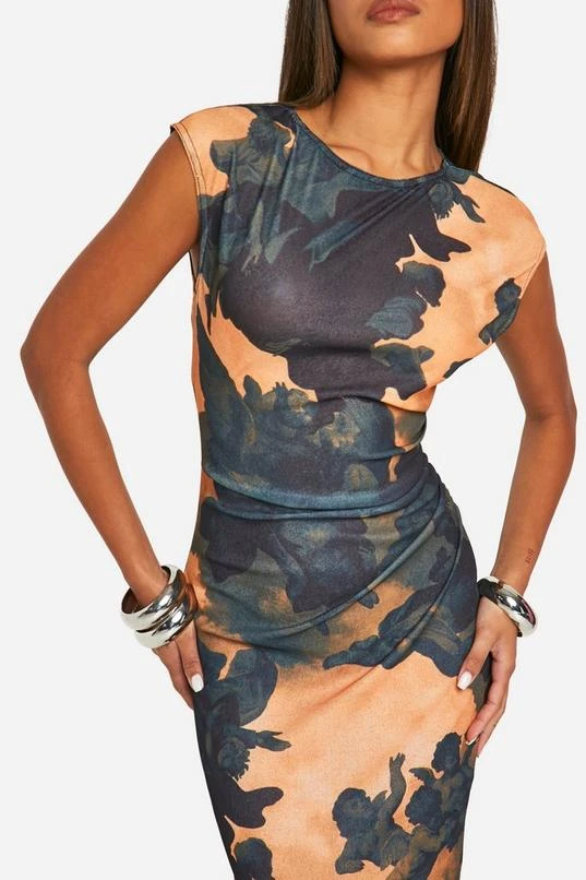 BOOHOO Printed Sheer Boat Neck Cap Sleeve Maxi Dress 4 BOOHOO Printed Sheer Boat Neck Cap Sleeve Maxi Dress - Image 4