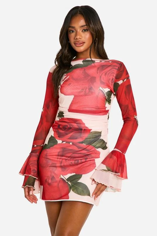 BOOHOO Boat Neck Rose Mesh Print Flare Sleeve Mini Dress 1 BOOHOO Boat Neck Rose Mesh Print Flare Sleeve Mini Dress