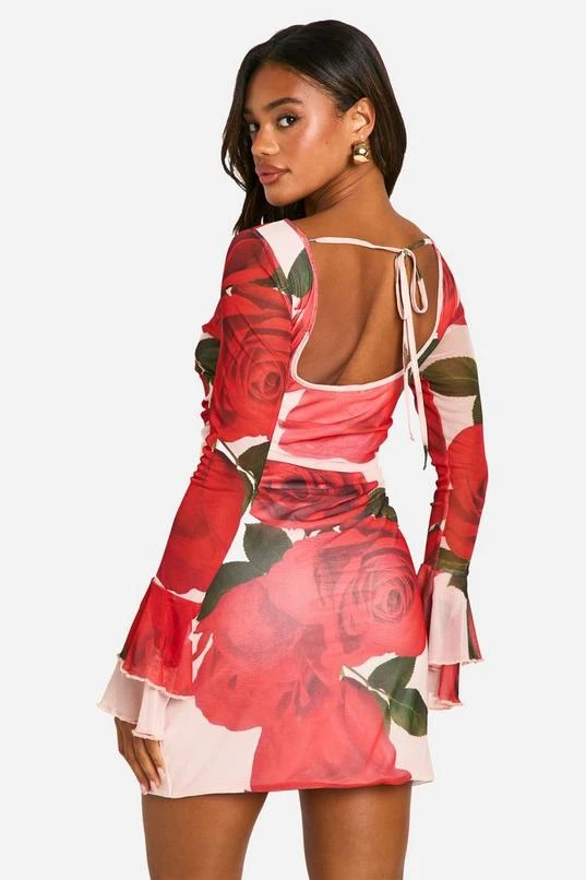 BOOHOO Boat Neck Rose Mesh Print Flare Sleeve Mini Dress 2 BOOHOO Boat Neck Rose Mesh Print Flare Sleeve Mini Dress - Image 2