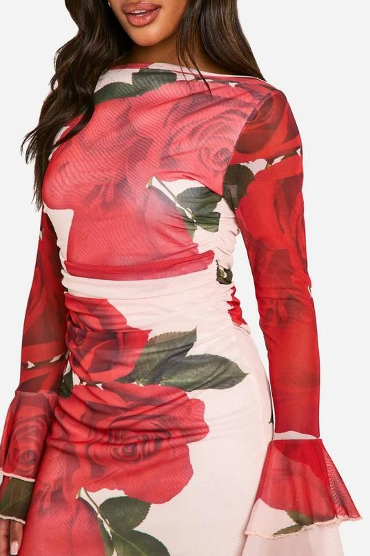 BOOHOO Boat Neck Rose Mesh Print Flare Sleeve Mini Dress 4 BOOHOO Boat Neck Rose Mesh Print Flare Sleeve Mini Dress - Image 4