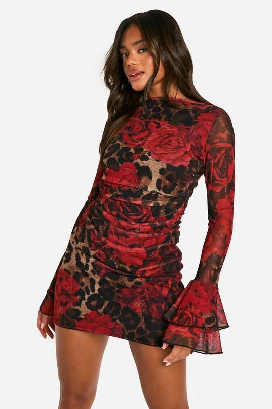 BOOHOO Boat Neck Mixed Leopard Print Flare Sleeve Mini Dress