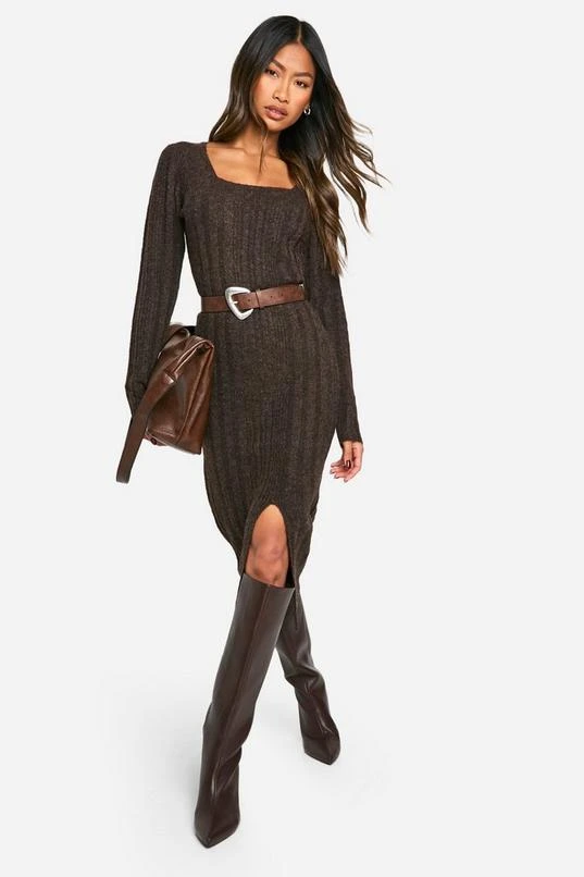 BOOHOO Square Neck Mixed Rib Knitted Midaxi Dress 1 BOOHOO Square Neck Mixed Rib Knitted Midaxi Dress