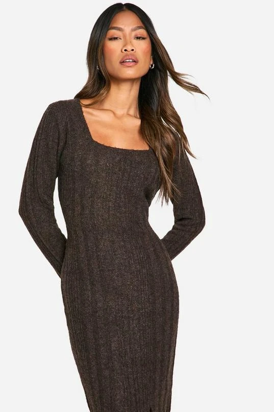 BOOHOO Square Neck Mixed Rib Knitted Midaxi Dress 4 BOOHOO Square Neck Mixed Rib Knitted Midaxi Dress - Image 4