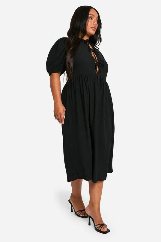 BOOHOO Plus Crinkle Tie Front Puff Sleeve Midi Smock Dress 3 BOOHOO Plus Crinkle Tie Front Puff Sleeve Midi Smock Dress - Image 3