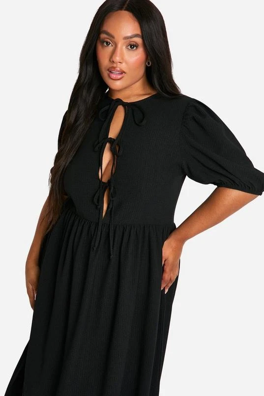 BOOHOO Plus Crinkle Tie Front Puff Sleeve Midi Smock Dress 4 BOOHOO Plus Crinkle Tie Front Puff Sleeve Midi Smock Dress - Image 4