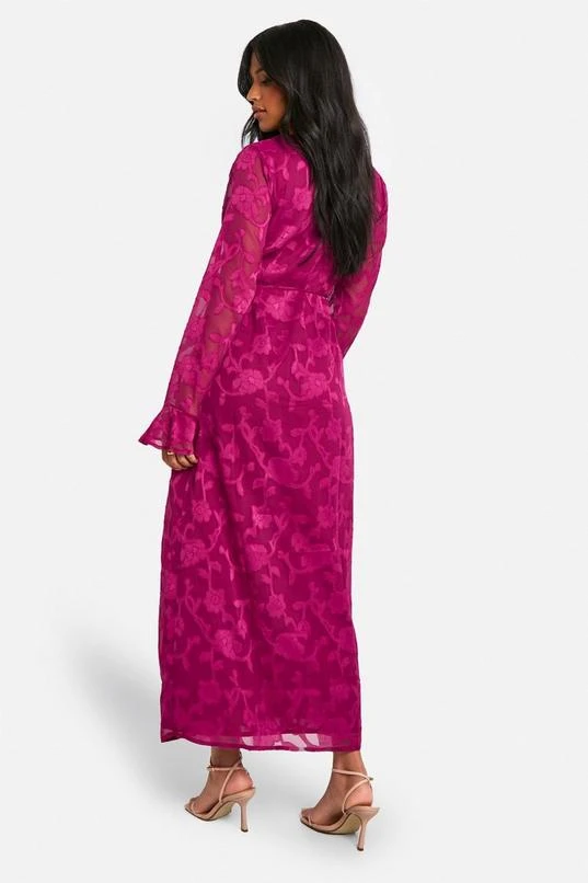 BOOHOO Tall Burnout Floral Ruffle Wrap Dress 2 BOOHOO Tall Burnout Floral Ruffle Wrap Dress - Image 2