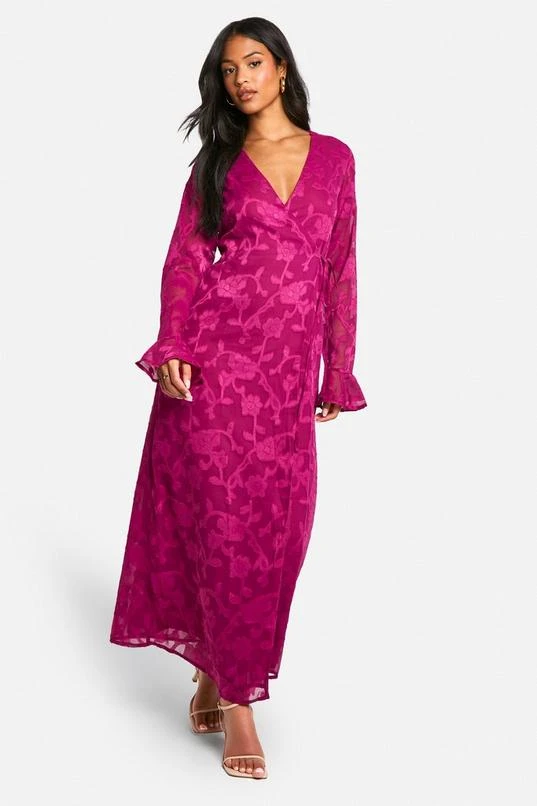 BOOHOO Tall Burnout Floral Ruffle Wrap Dress 3 BOOHOO Tall Burnout Floral Ruffle Wrap Dress - Image 3