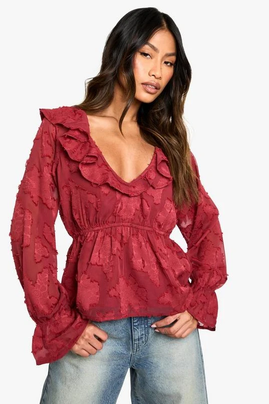BOOHOO Burnout Floral Ruffle Neck And Cuff Blouse 1 BOOHOO Burnout Floral Ruffle Neck And Cuff Blouse