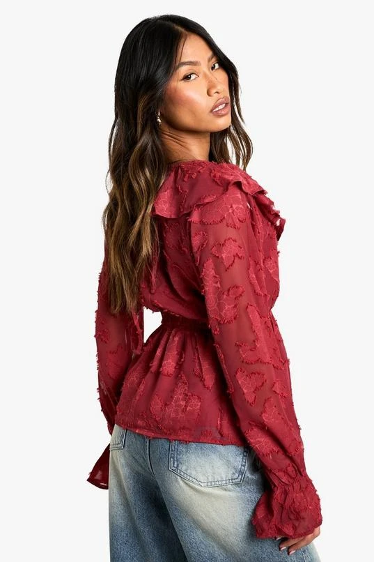 BOOHOO Burnout Floral Ruffle Neck And Cuff Blouse 2 BOOHOO Burnout Floral Ruffle Neck And Cuff Blouse - Image 2