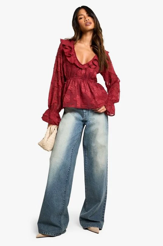 BOOHOO Burnout Floral Ruffle Neck And Cuff Blouse 3 BOOHOO Burnout Floral Ruffle Neck And Cuff Blouse - Image 3