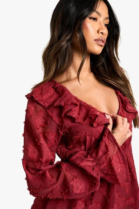 BOOHOO Burnout Floral Ruffle Neck And Cuff Blouse 4 BOOHOO Burnout Floral Ruffle Neck And Cuff Blouse - Image 4
