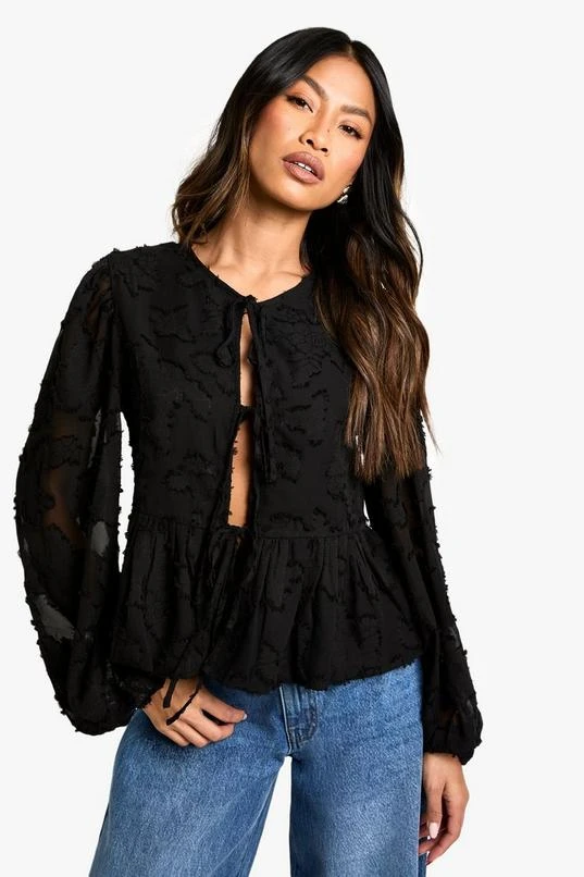 BOOHOO Burnout Floral Tie Front Puff Sleeve Smock Top 1 BOOHOO Burnout Floral Tie Front Puff Sleeve Smock Top