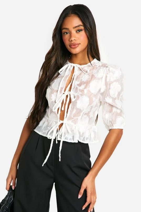 BOOHOO Burnout Puff Sleeve Tie Front Blouse 3 BOOHOO Burnout Puff Sleeve Tie Front Blouse - Image 3